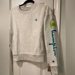 NWT Champion Heavyweight Reverse Weave Knit Sleeve Logo Gray Crew Neck Size S